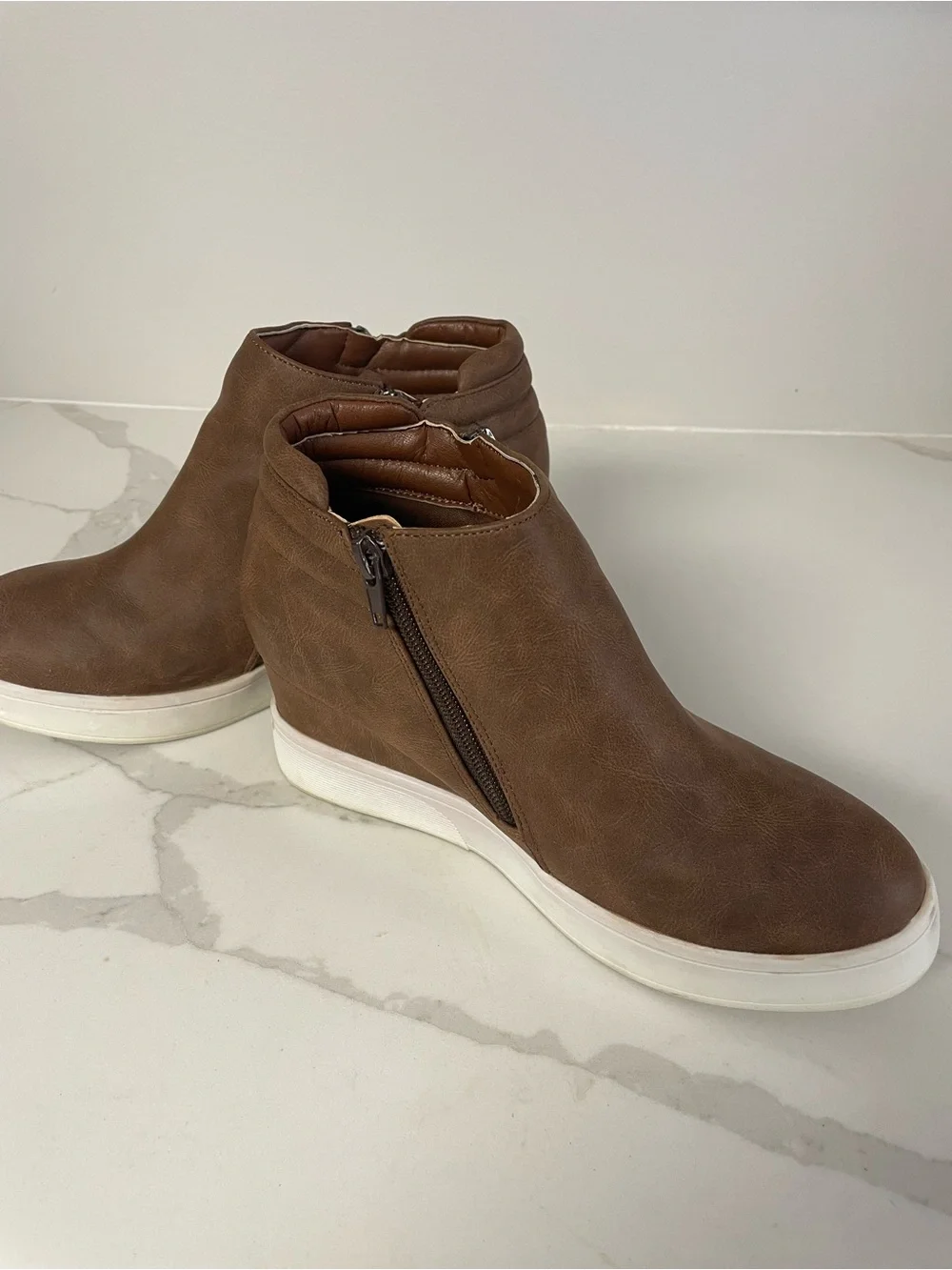 Casual Brown Wedge Ankle Sneakers with Side Zip